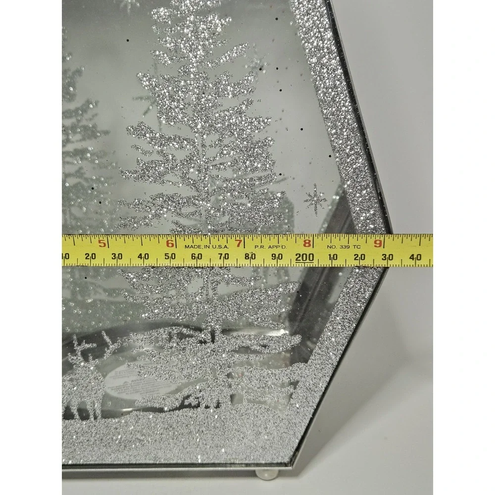 Silver Mirrored Winter Reindeer Snow Scene Geometric Holiday Candle Lantern 13